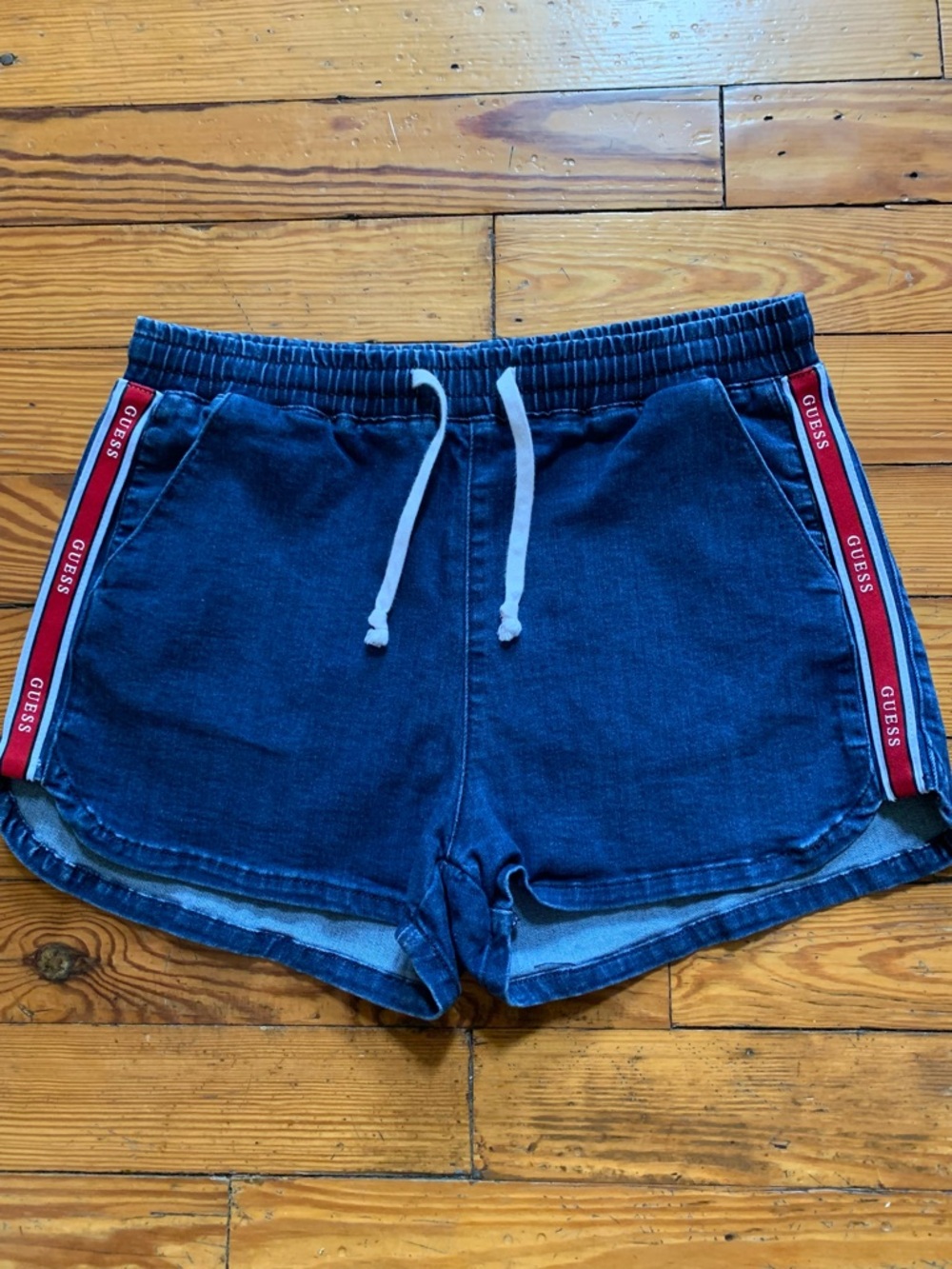GUESS Dark Blue Denim Athletic Shorts with Red Side Tape Size M